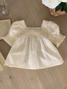 DAZY 年轻女孩方领自然风格休闲荷叶边下摆短袖衬衫，女孩夏季服装 - 杏色 - 查看 8