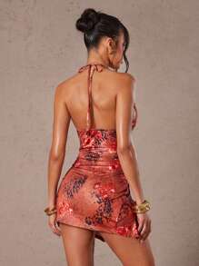 Hauture Women's Halter Neck Printed Mini Dress, Fashionable For Summer - Brown - View 5