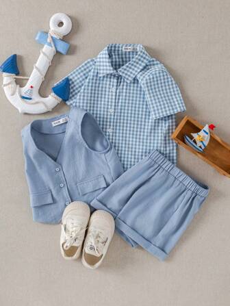 PrepCrw 3件套男童学院风短袖衬衫/背心/短裤套装