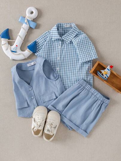 PrepCrw 3件套男童学院风短袖衬衫/背心/短裤套装