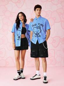 HELLO KITTY AND FRIENDS | SHEIN 男士单件条纹卡通印花前扣短袖衬衫 - 藍色 - 查看 6