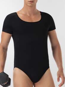 SHEIN 1pc Men's Solid Color Short Sleeve Black Shapewear Bodysuit, Fashion Fit For Summer - Black - View 3