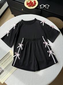 2pcs/Set Girls Casual All-Match Daily Sports Style Fashion Co-Ord Set: Loose Knit T-Shirt With 3D Bow Trim + Shorts