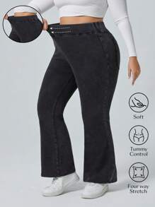 SHEIN PETITE CURVE Jeans taglio slim a zampa con effetto vissuto, taglie comode