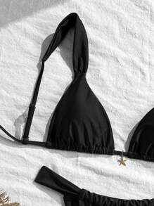Swim Mod 2 件套泳衣套装，夏季假日金属纯色粗肩带海星装饰三角杯文胸和丁字裤比基尼，性感女士泳装套装 - 黑色 - 查看 3