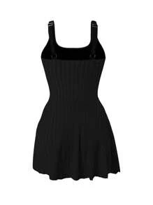 Swim Lushoire 大码女式米色特殊面料吊带连体泳衣裙，优雅简约时尚夏季沙滩泳衣 - 黑色 - 查看 2