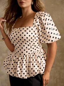 Roveilla Áo cánh tay ngắn xếp nếp cổ vuông tay lỡ satin chấm bi xếp ly tay ngắn cho nữ mùa xuân/hè cỡ lớn, áo mùa hè, trang phục công sở thường ngày cho nữ, áo khoác ngoài và áo sơ mi nữ đáng yêu, áo sơ mi nữ, trang phục mùa hè cho nữ - Màu be - Xem 5