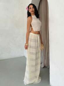 Glamine Women's Off White Summer Boho Beach Vacation Holiday Chiffon Frill Edge Halter Backless Camisole & Floor-Length Skirt Two Pieces Sets - Apricot - View 2