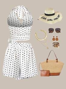 Flirla Conjunto de 2 piezas de short sin mangas con estampado de lunares en estilo francés casual para mujer talla grande, para verano