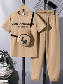 3pcs/Set Tween Boy Casual Summer City Break Tan Sweatshirt,Sweatpants,Crossbody Bag Letter Graphic Loose Drop Shoulder Short Sleeve Street Sporty Set - Khaki - View 1
