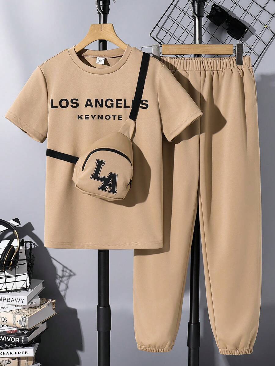 3pcs/Set Tween Boy Casual Summer City Break Tan Sweatshirt,Sweatpants,Crossbody Bag Letter Graphic Loose Drop Shoulder Short Sleeve Street Sporty Set - Khaki - View 1