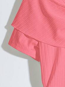 GlowEve Knitted Striped Texture Splicing Button Decor Luxe Pink Short Sleeve Top For Women, Summer - Dusty Pink - View 5