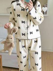 2pcs Teen Girls Apricot Color Bow Print Long Sleeve Top And Pants Casual Loungewear Set,Summer,Travel - Apricot - View 4