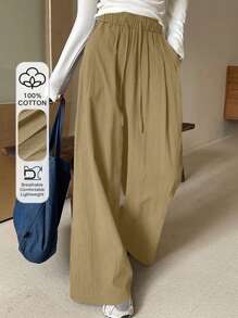 DAZY Solid Color Loose Fit High Waist Wide Leg Pants, Elastic Waist Casual Women Trousers, Summer,Teacher Pants - Army Green - View 1