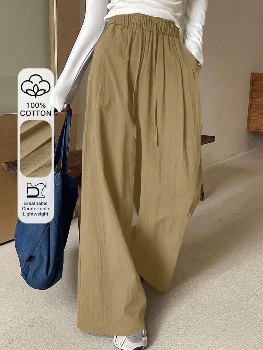 DAZY Solid Color Loose Fit High Waist Wide Leg Pants, Elastic Waist Casual Women Trousers, Summer,Teacher Pants - Army Green - View 1