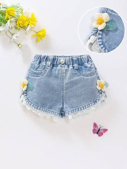 女婴休闲可爱度假百搭3D配饰蕾丝松紧腰装饰扣水洗蓝色牛仔短裤