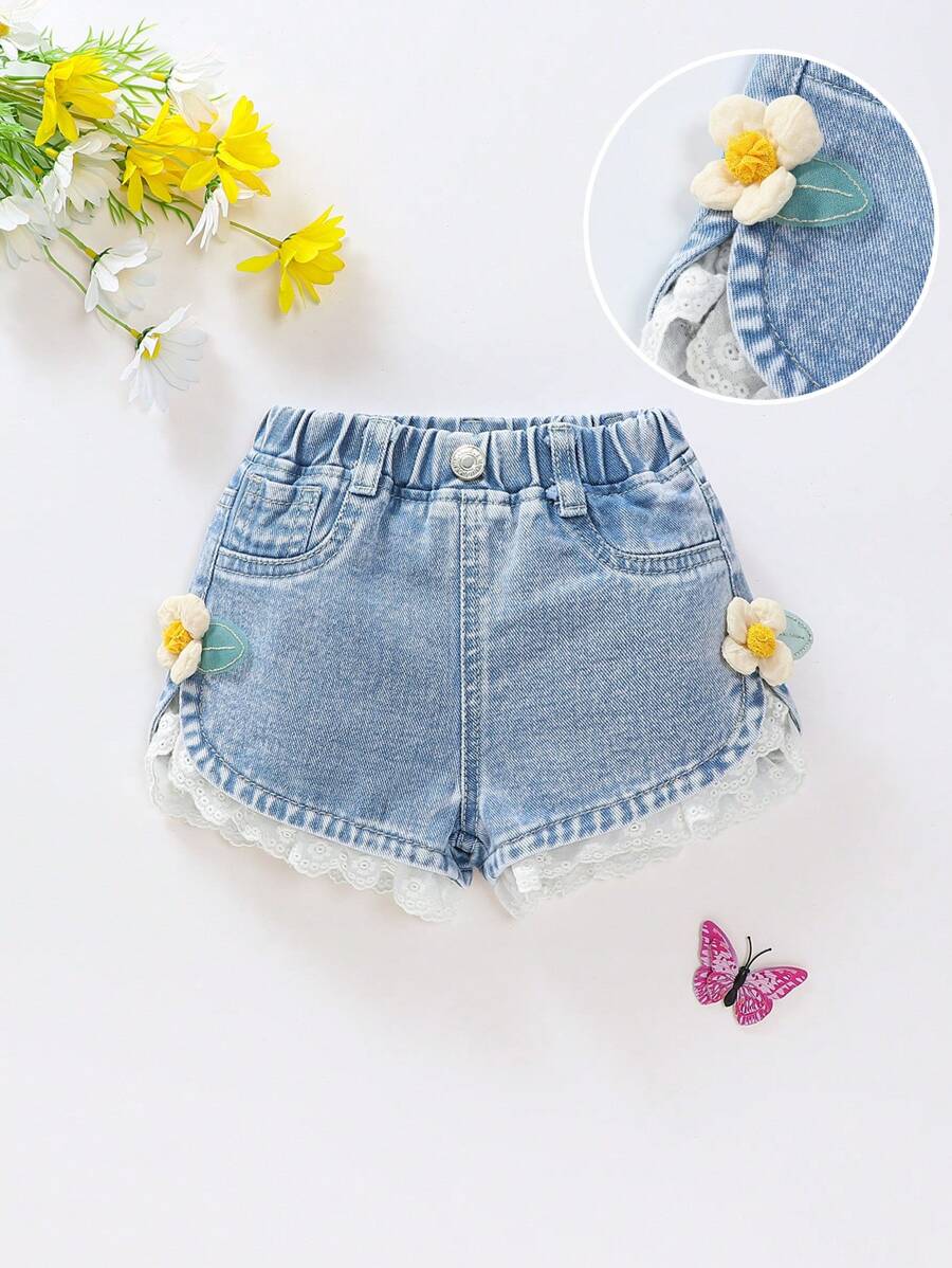 Quần short denim xanh giặt được cho bé gái dễ thương thường ngày đi nghỉ đa năng phụ kiện 3D ren cạp chun trang trí khóa cài - Rửa nhẹ - Xem 1