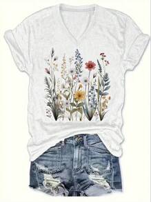 SHEIN LUNE Camiseta de mujer con estampado floral, cómoda de llevar, cuello en V, para verano y primavera