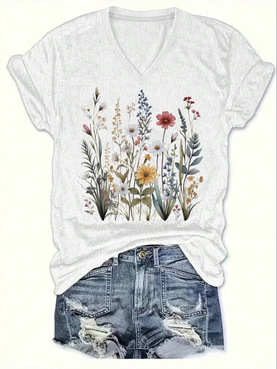 SHEIN LUNE Camiseta de mujer con estampado floral, cómoda de llevar, cuello en V, para verano y primavera