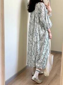 FRIFUL Women's Casual Plant Print Mid-Long Dress For Vacation,Ruffle - Multicolor - View 7