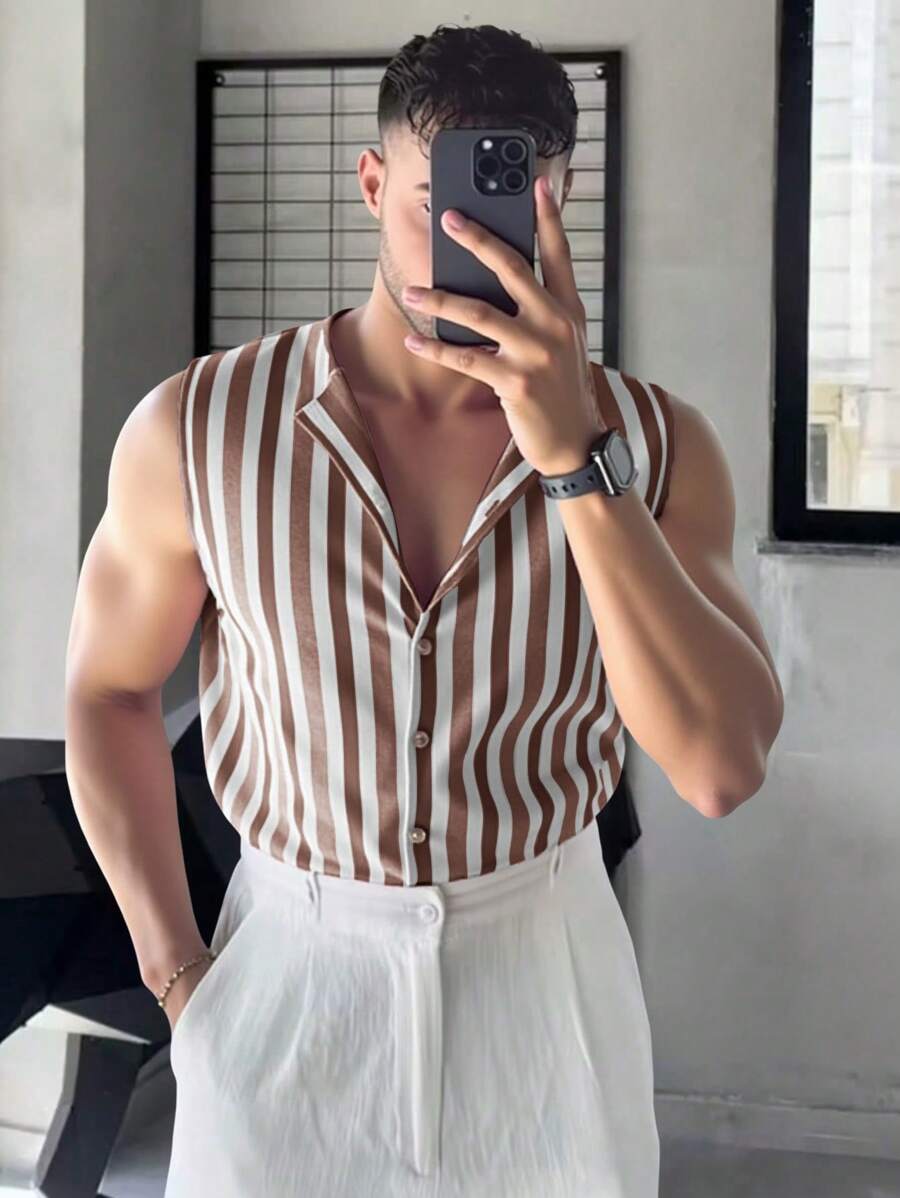 Claim Dot Áo len dệt kim không tay đơn hàng khuy sọc cho nam mùa hè - Cà phê nâu - Xem 1