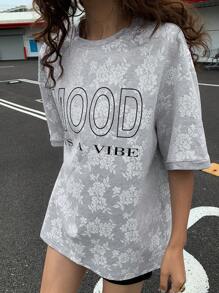 DAZY 女款夏季圓領字母印花短袖蕾絲寬鬆大尺寸T恤，圖案印花校園風T恤 - 灰色 - 查看 3