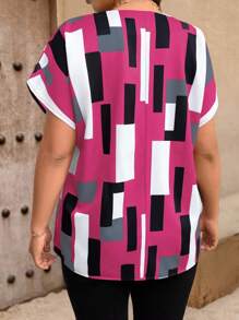 EMERY ROSE Women Plus Size Geometric Print Casual Short Sleeve Polo Shirt - Hot Pink - View 2