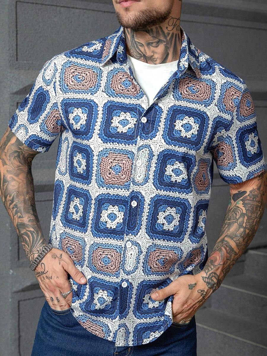 Manfinity Homme Men's Floral Pattern Single Breasted Casual Short Sleeve Shirt Men Shirts Streetwear Style Shirts For Men Men Fashion Shirts Streetwear Men Shirts - Multicolor - View 1