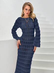 Cottnline Long Sleeve Crochet Jacquard Dress As Cover - Navy Blue - View 5