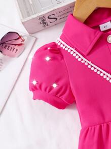 女童纯色翻领泡泡袖开衫连衣裙（配迷你包）夏季 - 玫紅色 - 查看 6