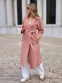 EURMUSE Ladies' Patchwork Tie Belted Woolen Coat - Baby Pink - View 6