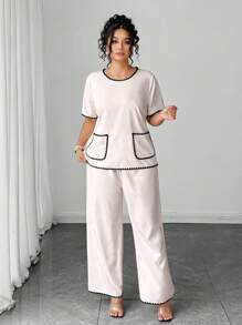 Calvaya Set de 2 piezas conjunto informal de verano elegante y con estilo de color contrastante con bolsillo para vacaciones