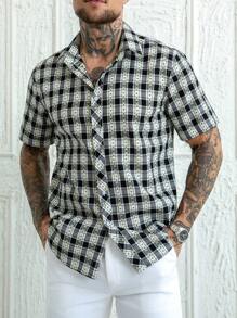 Manfinity Homme Men's Black Jacquard Cotton Plaid Short Sleeve Shirt,Black And White Checkered Button Up,Summer Casual City Break Beachwear Cool Button Downs Shirts - Black - View 1