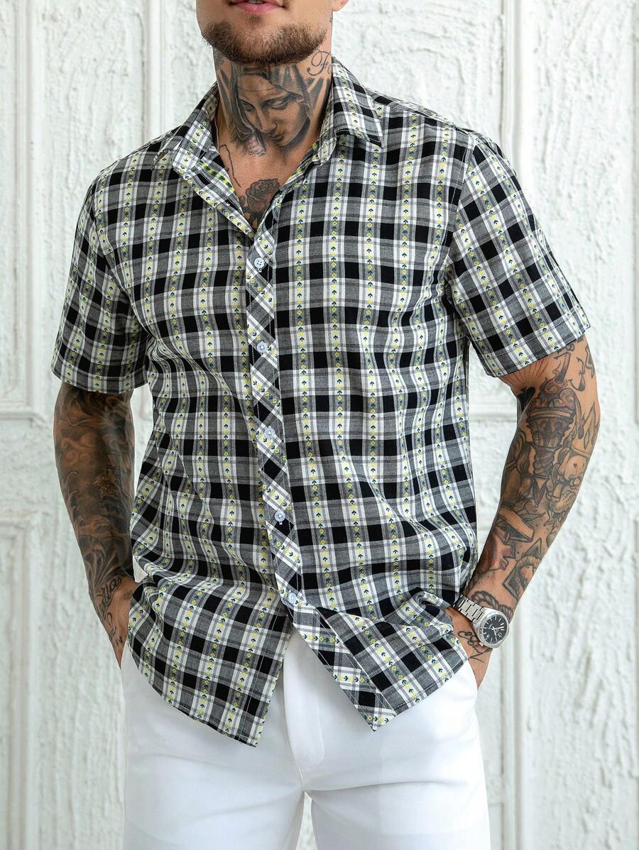 Manfinity Homme Men's Black Jacquard Cotton Plaid Short Sleeve Shirt,Black And White Checkered Button Up,Summer Casual City Break Beachwear Cool Button Downs Shirts - Black - View 1