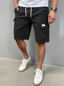 Manfinity Homme Pantalones cortos cargo casuales de hombre con cintura elástica, cordón y bolsillos - Negro - Ver 3