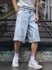 Manfinity Roughcore Pantalones cortos vaqueros sueltos y desgastados para hombres con bolsillos, de estilo casual versátil - Lavado ligero - Ver 1