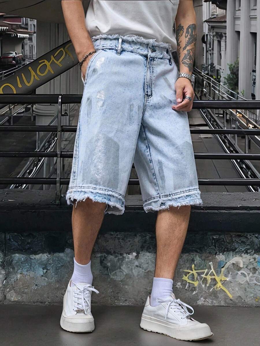 Manfinity Roughcore Pantalones cortos vaqueros sueltos y desgastados para hombres con bolsillos, de estilo casual versátil - Lavado ligero - Ver 1
