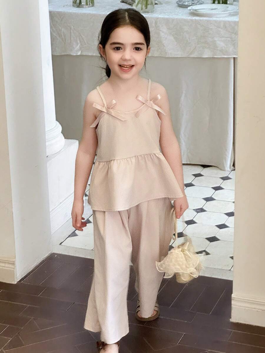DAZY 2pcs/Set Young Girl Casual Bow Decor Loose Camisole Shirt And Straight Leg Pants Set, Girls Summer Outfits - Pink - View 1