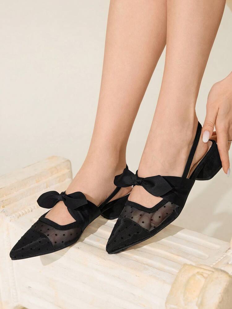 CUCCOO CHICEST Black Polka Dot Mesh Bow Design Flats, Sexy Elegant Lady Style Breathable Low Heel Backless Slip On Shoes For Christmas Elegant Shoes Wedding Shoes Summer Shoes Bride Shoes