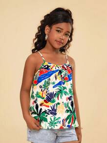 Top canotta casual da ragazza con fiori piccoli e motivo intrecciato, adatto per le vacanze