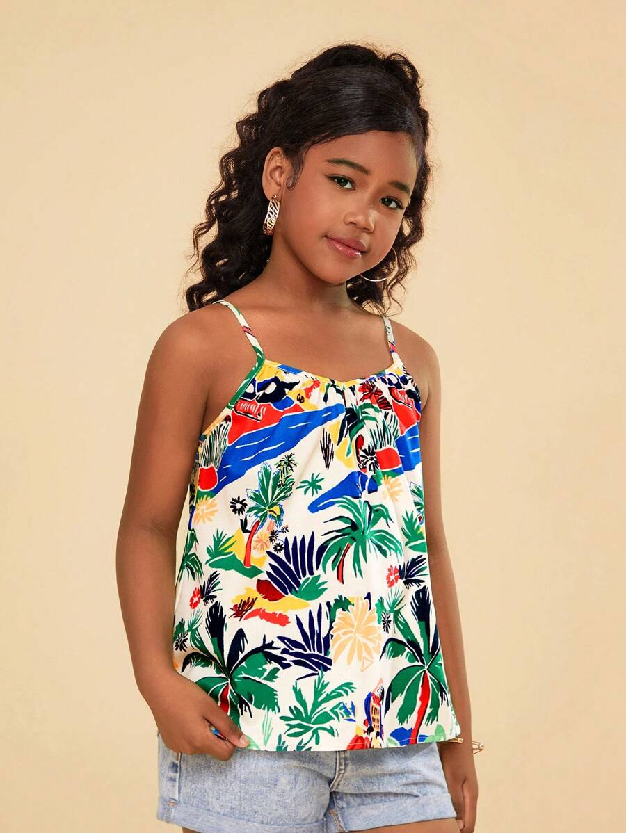 Top canotta casual da ragazza con fiori piccoli e motivo intrecciato, adatto per le vacanze