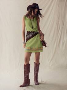 EMERY ROSE 夏季休闲海滩度假亚麻纹理杏色女式无袖背心裙