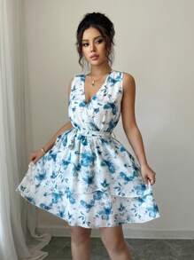 Chiquease Vestido corto sin mangas de mujer con estampado floral elegante, cintura con lazo cruzado y volantes en el bajo - Azul - Ver 6