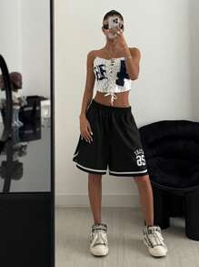 StreetHx Streetwear Women's Fashion Casual Sports Contrast Color Digit Print Shorts