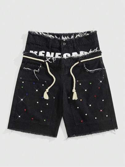 Street Life Pantaloncini di jeans casual con doppio strato in vita decorati con diamanti per uomo