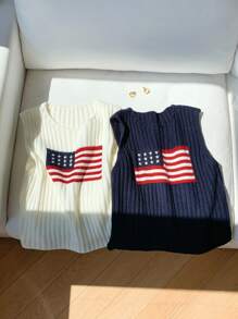 Comfortcana Áo len dệt kim thường ngày 4 tháng 7 của Mỹ, 2 chiếc, Thích hợp cho trang phục dạo phố hàng ngày, giản dị và đa năng vào mùa Thu/Đông - Xanh và trắng - Xem 3