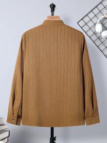 SHEIN 休闲秋季青少年男童纹理罗纹领口袋长袖衬衫，百搭日常商务穿着，棕色衬衫，秋冬季 - 棕色 - 查看 2
