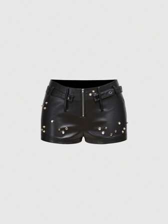 Grunge Punk Punk Metallic Rivet Sexy Ultra Low Rise Skinny PU Leather Mini Shorts