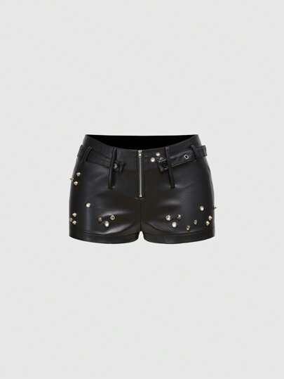 Grunge Punk شورت جلد صناعي ضيق بخصر منخفض للغاية بتصميم معدني وأنيق على طراز البانك كي بوب