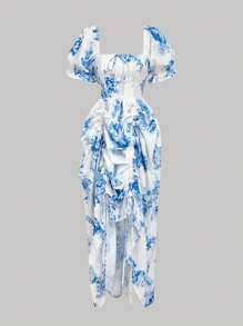 SHEIN MOD Váy Maxi Tay Phồng In Họa Tiết Cổ Điển Có Dây Rút Và Riềm Xếp Nếp Tinh Tế, Có Thể Điều Chỉnh Chiều Dài Viền Váy, Phong Cách Cung Điện Tuyệt Đẹp, Trang Phục Cho Ngày Hẹn Hò, Tiệc Tùng, Ngày Lễ, Tiệc Trà, Sinh Nhật - Màu xanh lam - Xem 1